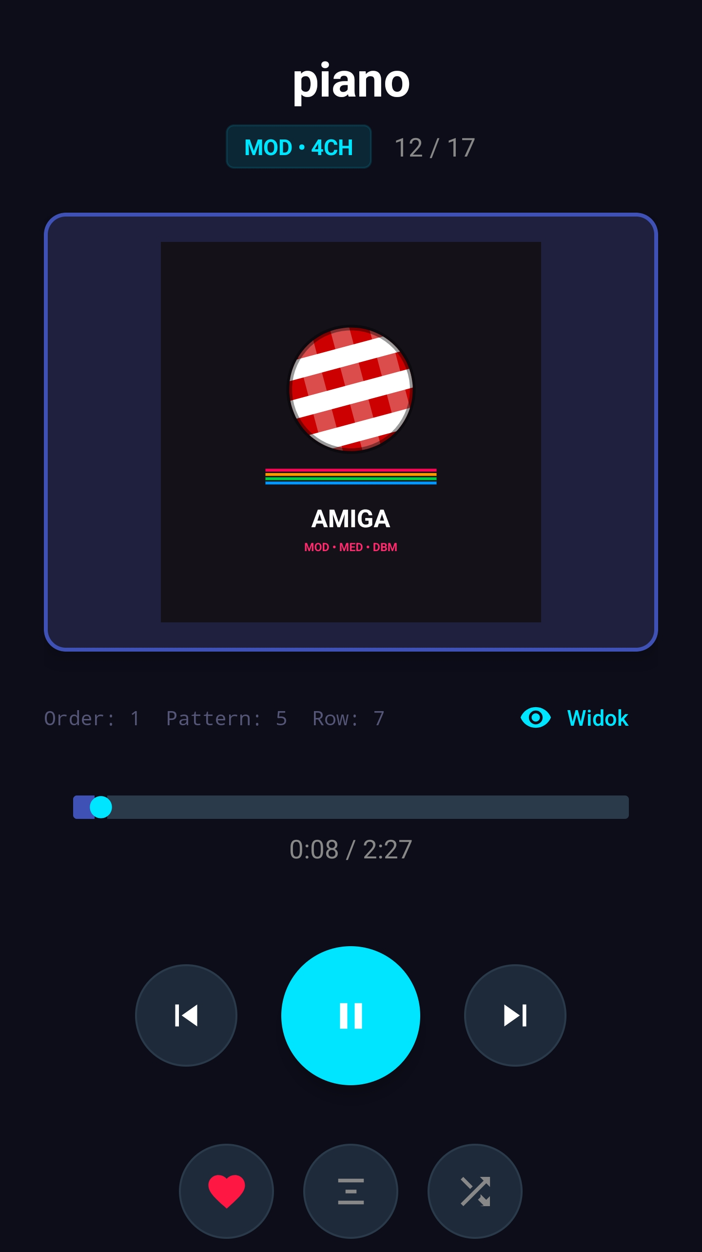 Ekran odtwarzacza ModPlayer z motywem Amigi