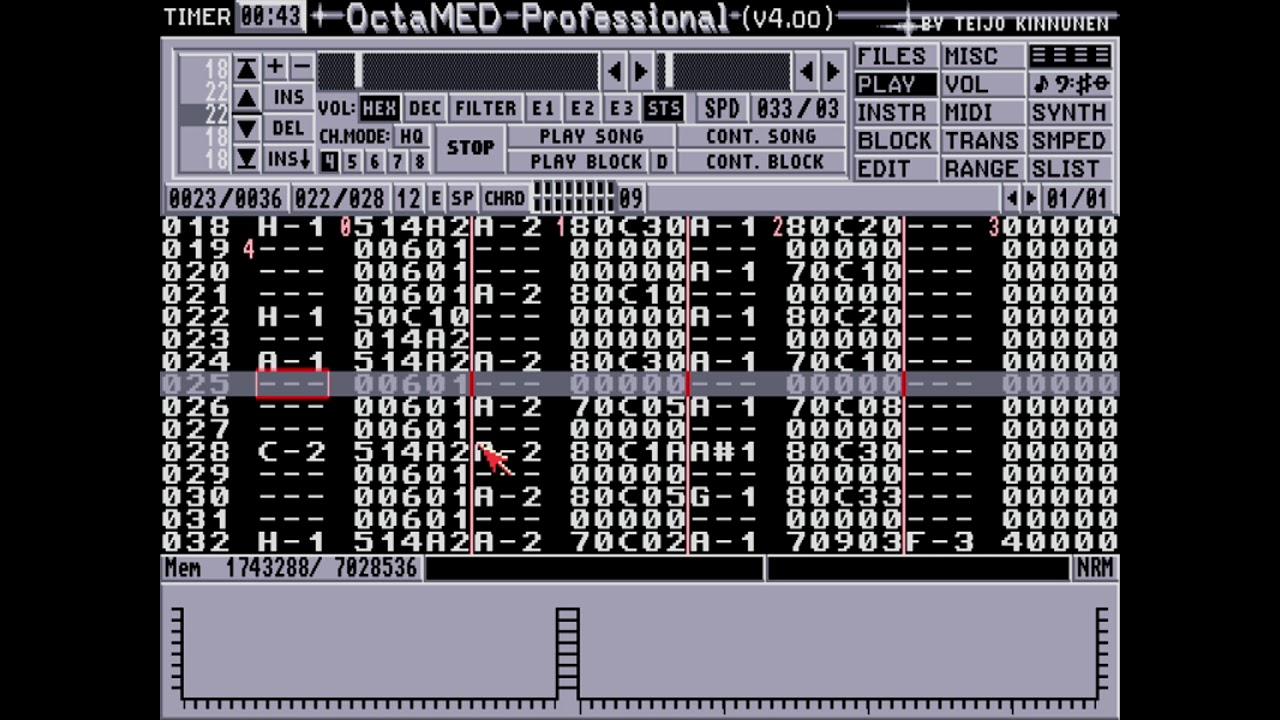 Ekran programu OctaMED Soundstudio na Amigę