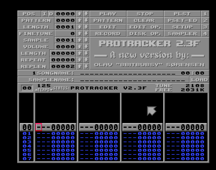 Interfejs programu Protracker 2.3F na Amigę